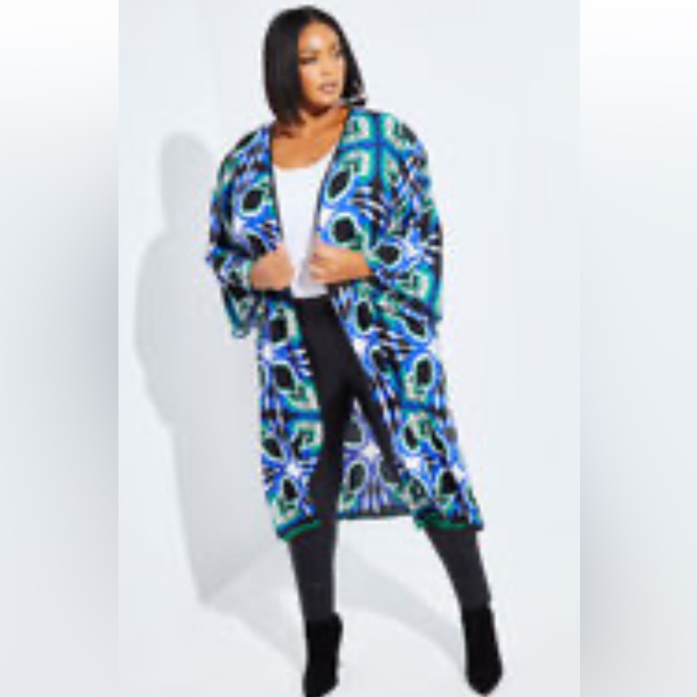 Ashley Stewart Blue Green Black Printed Duster Kimono